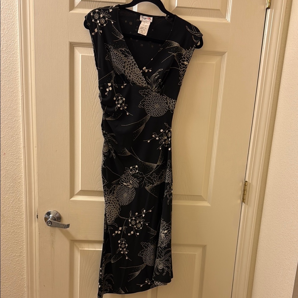 Black Ruched Wrap Midi Dress V-neck Cocktail